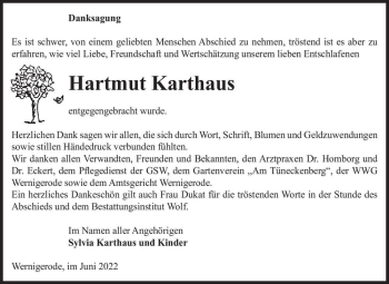 Traueranzeige von Hartmut Karthaus  von Magdeburger Volksstimme