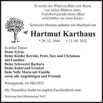 Traueranzeige von Hartmut Karthaus  von Magdeburger Volksstimme
