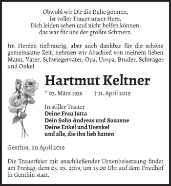 Traueranzeige von Hartmut Keltner  von Magdeburger Volksstimme