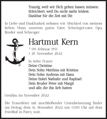Traueranzeige von Hartmut Kern  von Magdeburger Volksstimme