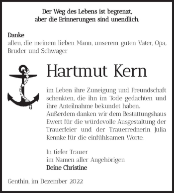 Traueranzeige von Hartmut Kern  von Magdeburger Volksstimme