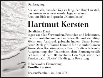 Traueranzeige von Hartmut Kersten  von Magdeburger Volksstimme