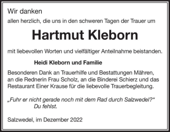 Traueranzeige von Hartmut Kleborn  von Magdeburger Volksstimme