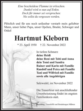 Traueranzeige von Hartmut Kleborn  von Magdeburger Volksstimme