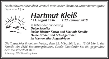 Traueranzeige von Hartmut Kleiß  von Magdeburger Volksstimme