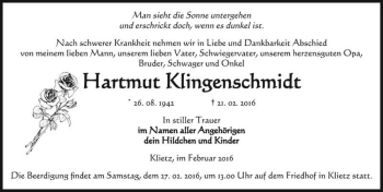 Traueranzeige von Hartmut Klingenschmidt  von Magdeburger Volksstimme