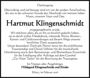 Traueranzeige von Hartmut Klingenschmidt  von Magdeburger Volksstimme