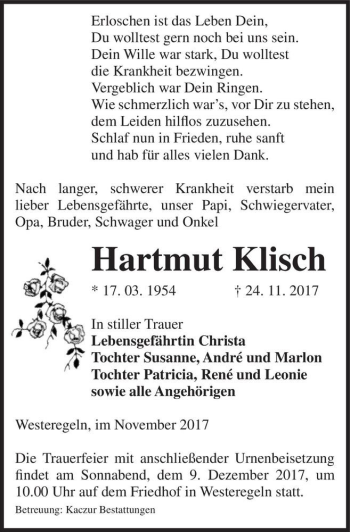 Traueranzeige von Hartmut Klisch  von Magdeburger Volksstimme