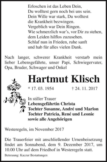 Traueranzeige von Hartmut Klisch  von Magdeburger Volksstimme