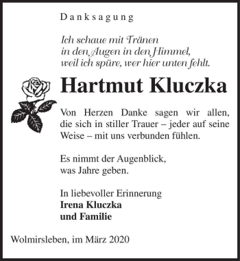 Traueranzeige von Hartmut Kluczka  von Magdeburger Volksstimme