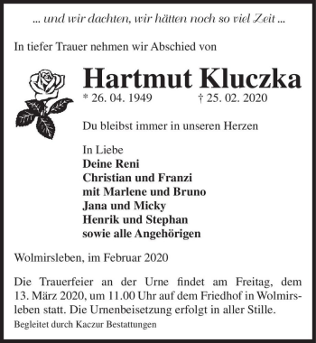 Traueranzeige von Hartmut Kluczka  von Magdeburger Volksstimme