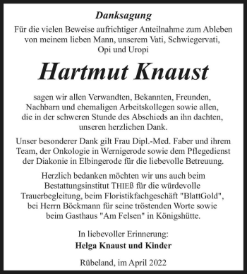 Traueranzeige von Hartmut Knaust  von Magdeburger Volksstimme