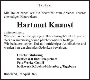 Traueranzeige von Hartmut Knaust  von Magdeburger Volksstimme