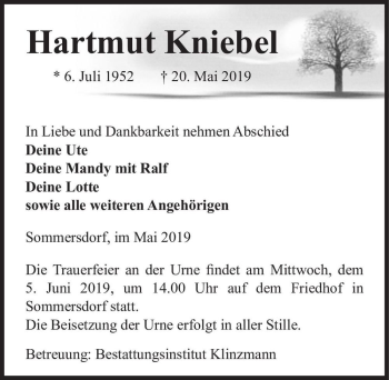 Traueranzeige von Hartmut Kniebel  von Magdeburger Volksstimme