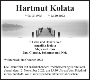 Traueranzeige von Hartmut Kolata  von Magdeburger Volksstimme