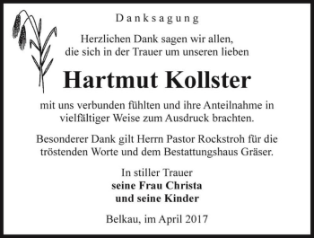 Traueranzeige von Hartmut Kollster  von Magdeburger Volksstimme