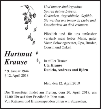 Traueranzeige von Hartmut Krause  von Magdeburger Volksstimme