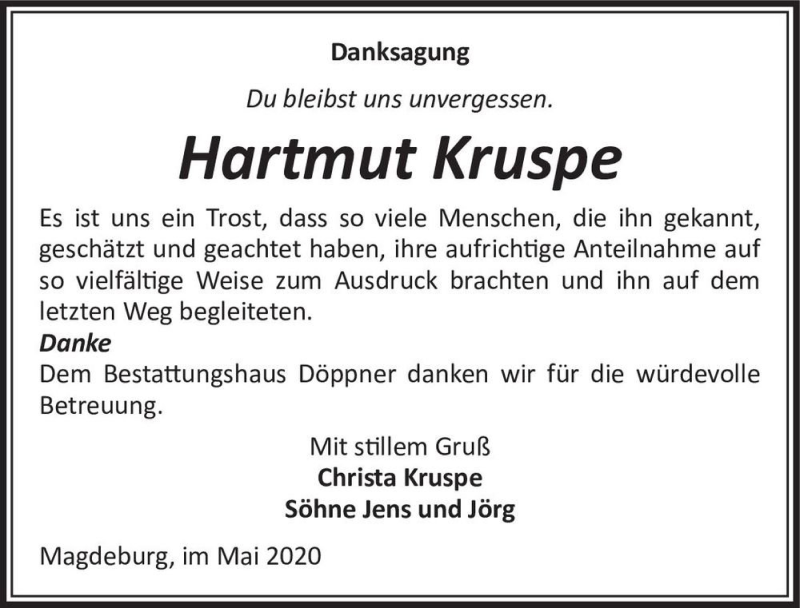  Traueranzeige für Hartmut Kruspe  vom 23.05.2020 aus Magdeburger Volksstimme