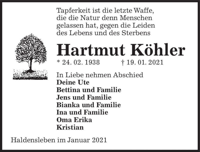  Traueranzeige für Hartmut Köhler  vom 23.01.2021 aus Magdeburger Volksstimme
