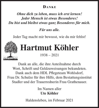 Traueranzeige von Hartmut Köhler  von Magdeburger Volksstimme