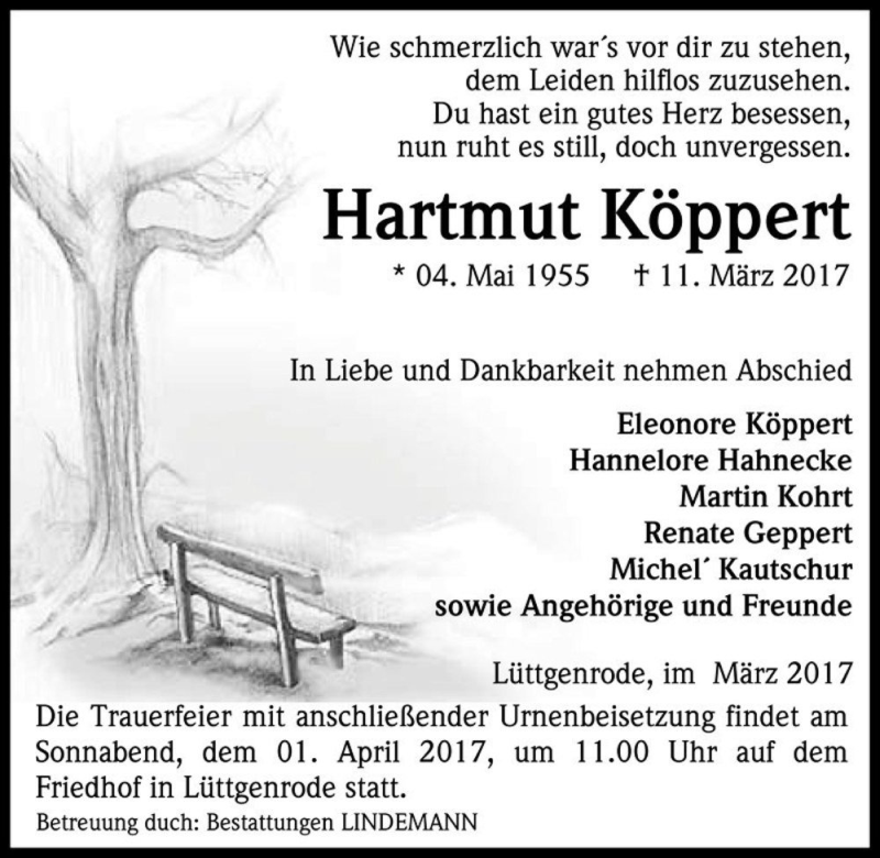  Traueranzeige für Hartmut Köppert  vom 18.03.2017 aus Magdeburger Volksstimme