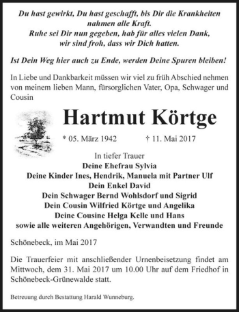 Traueranzeige von Hartmut Körtge  von Magdeburger Volksstimme