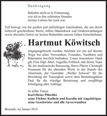 Traueranzeige von Hartmut Köwitsch  von Magdeburger Volksstimme