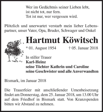 Traueranzeige von Hartmut Köwitsch  von Magdeburger Volksstimme