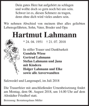 Traueranzeige von Hartmut Lahmann  von Magdeburger Volksstimme