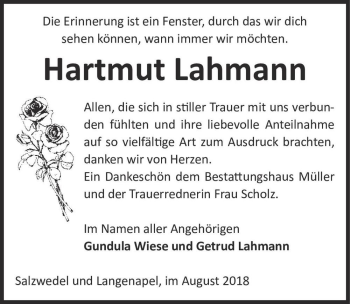 Traueranzeige von Hartmut Lamann  von Magdeburger Volksstimme