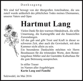 Traueranzeige von Hartmut Lang  von Magdeburger Volksstimme