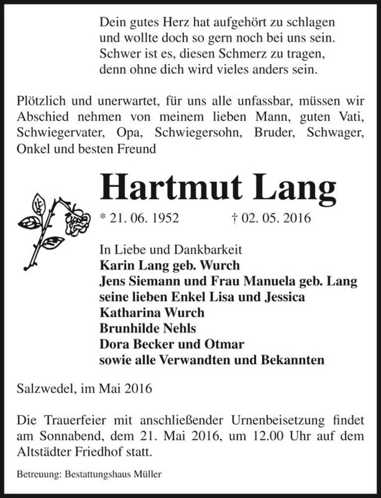  Traueranzeige für Hartmut Lang  vom 06.05.2016 aus Magdeburger Volksstimme