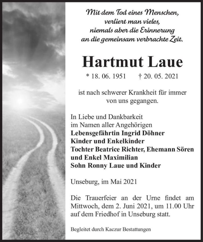  Traueranzeige für Hartmut Laue  vom 27.05.2021 aus Magdeburger Volksstimme