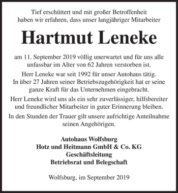 Traueranzeige von Hartmut Leneke  von Magdeburger Volksstimme