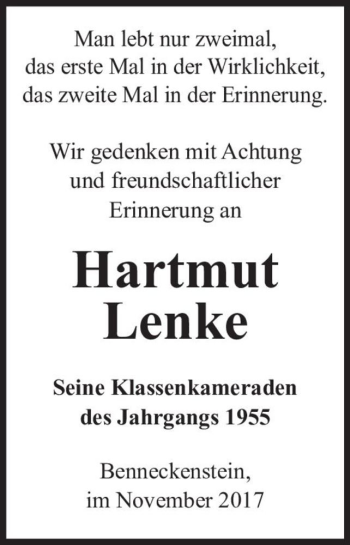 Traueranzeige von Hartmut Lenke  von Magdeburger Volksstimme