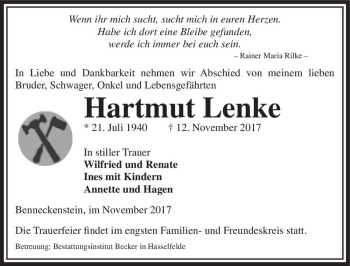 Traueranzeige von Hartmut Lenke  von Magdeburger Volksstimme