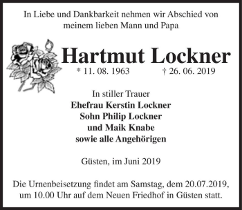 Traueranzeige von Hartmut Lockner  von Magdeburger Volksstimme