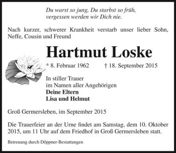 Traueranzeige von Hartmut Loske  von Magdeburger Volksstimme