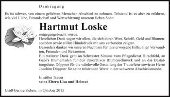Traueranzeige von Hartmut Loske  von Magdeburger Volksstimme