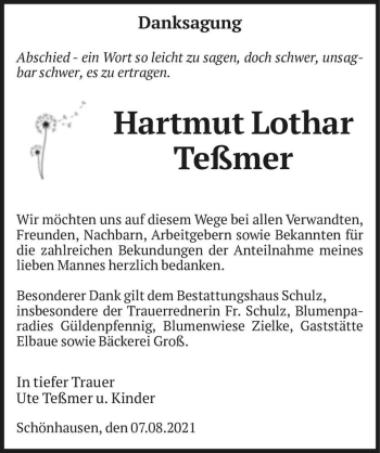 Traueranzeige von Hartmut Lothar Teßmer  von Magdeburger Volksstimme