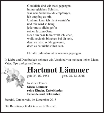 Traueranzeige von Hartmut Lämmer  von Magdeburger Volksstimme
