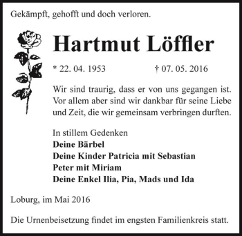 Traueranzeige von Hartmut Löffler  von Magdeburger Volksstimme