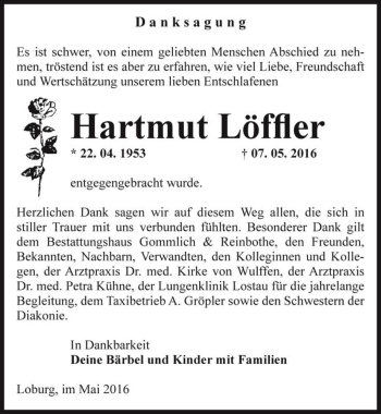 Traueranzeige von Hartmut Löffler  von Magdeburger Volksstimme