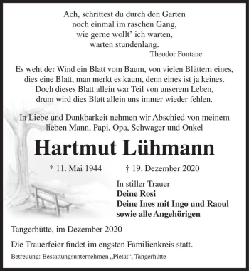 Traueranzeige von Hartmut Lühmann  von Magdeburger Volksstimme