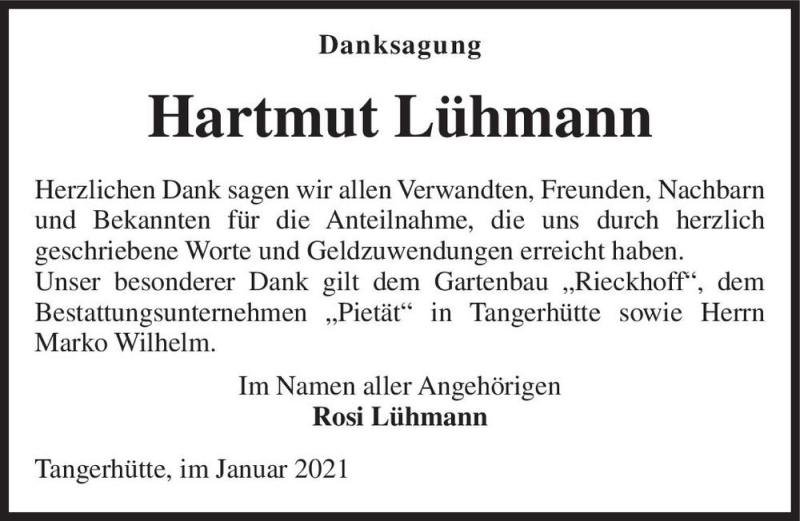  Traueranzeige für Hartmut Lühmann  vom 09.01.2021 aus Magdeburger Volksstimme