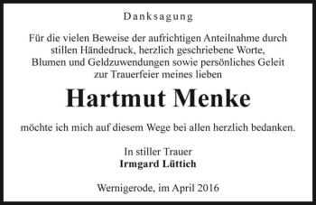 Traueranzeige von Hartmut Menke  von Magdeburger Volksstimme