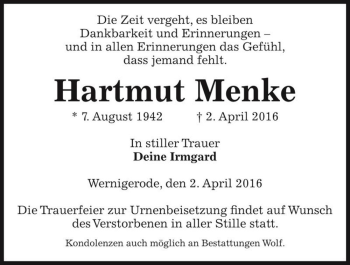 Traueranzeige von Hartmut Menke  von Magdeburger Volksstimme