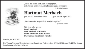 Traueranzeige von Hartmut Merbach  von Magdeburger Volksstimme