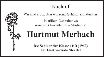 Traueranzeige von Hartmut Merbach  von Magdeburger Volksstimme