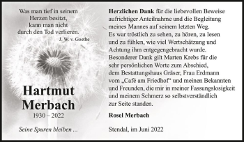 Traueranzeige von Hartmut Merbach  von Magdeburger Volksstimme